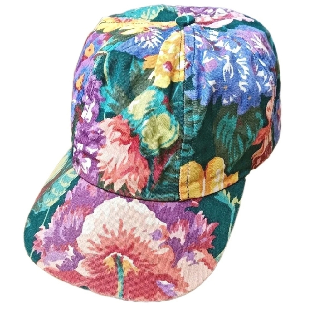 Vtg 80s Nordic House Design Floral Baseball Cap 6 Panel Hat Cottage Boho Running